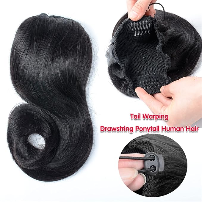 Hair Accessories Ponytail Hair Extensions Brazilian Human Hair 12-18 Inch Tail Warped Ponytail Wig with Drawstring Ponytail Barrette Hair Pieces For Women(16inch 100g)