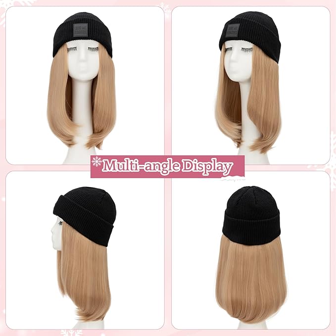 SEGO Beanie Wig for Women Hat with Hair Extentions Synthetic 11 Inch Straight Hairpiece Winter Warm Knitted Hat with Hair Attached for Women Girls 018