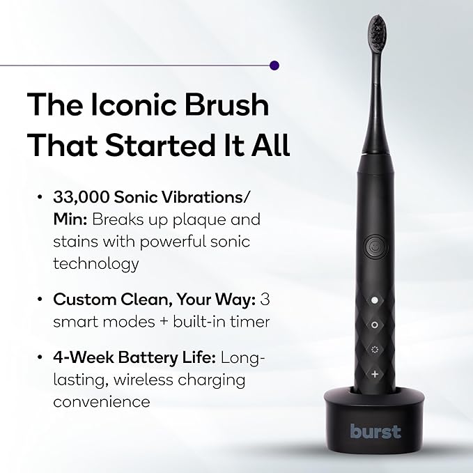 Burst Original Sonic Electric Toothbrush for Adults (Black) | Soft Bristle Deep Clean Stain &amp Plaque Removal | 3 Modes: Teeth Whitening Sensitive &amp Massage