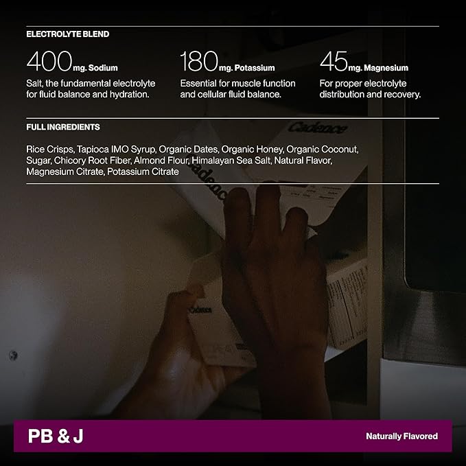 Cadence Peanut Butter &amp Jelly Energy Bar - Case (50g x 12) | 40g Carb Blend with Organic Dates &amp Honey | Electrolytes for Hydration &amp Recovery | Natural Ingredients | Vegan-Friendly Fuel f