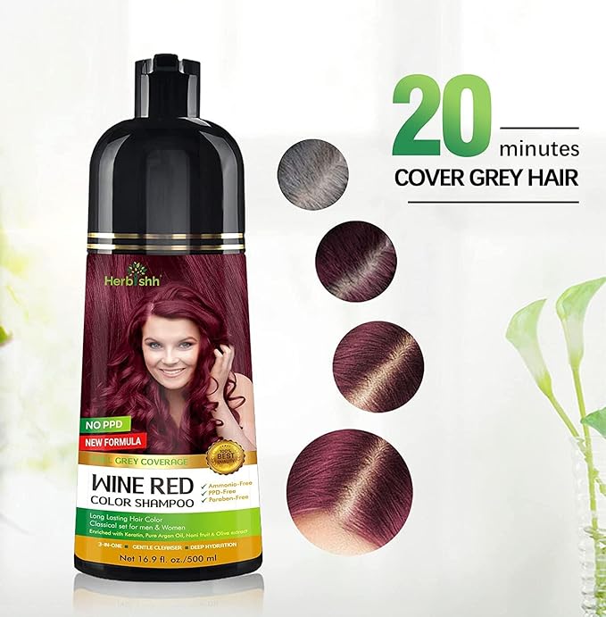 Herbishh Hair Color Shampoo - Magic Dye for Gray Hair Long Lasting Color in Minutes 3-In-1 Ammonia-Free 500 Ml (Wine Red)