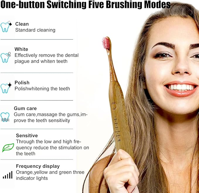 Electric Bamboo Toothbrush Sonic Toothbrush - 4 Replaceable Bamboo Brush Heads Eco-Friendly IPX7 Waterproof Electric Toothbrush One-Button Switch Five-Mode Brushing