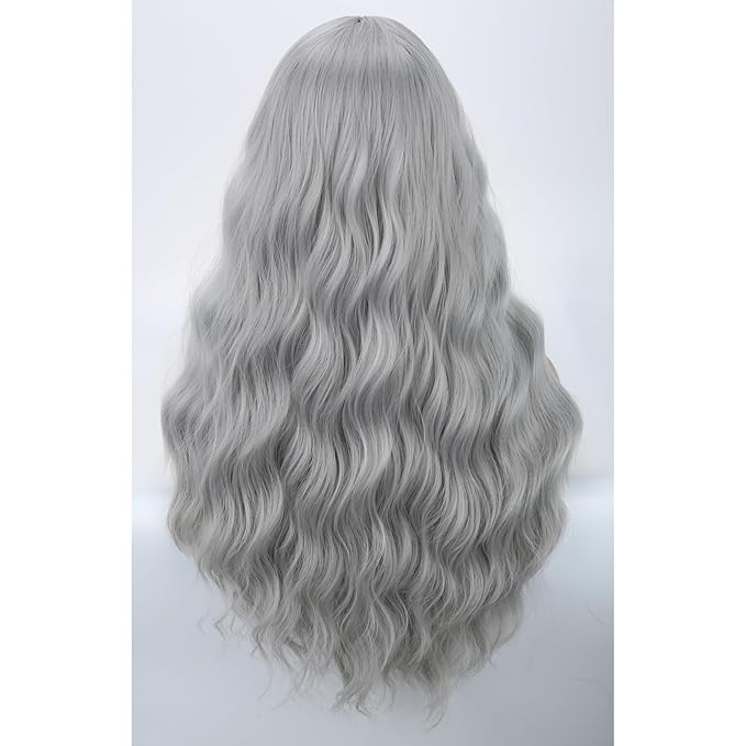 BERON Sliver Grey Long Curly Wae Wig with Bangs for Women Girls Gray Wavy Heat Resistant Synthetic Wigs Cosplay Costume Daily Party Wig
