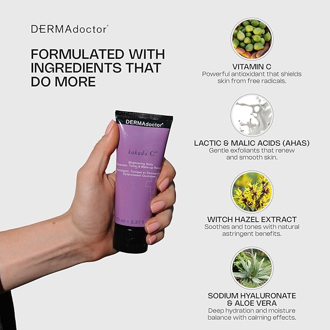 DERMAdoctor Vitamin C Face Wash ? Daily 3-in-1 Vitamin C Cleanser &amp Makeup Remover Face Wash That Tones Clears Pores Lifts Oil and Removes Sunscreen &amp Pollutants with Potent Kakadu Plum ? 7