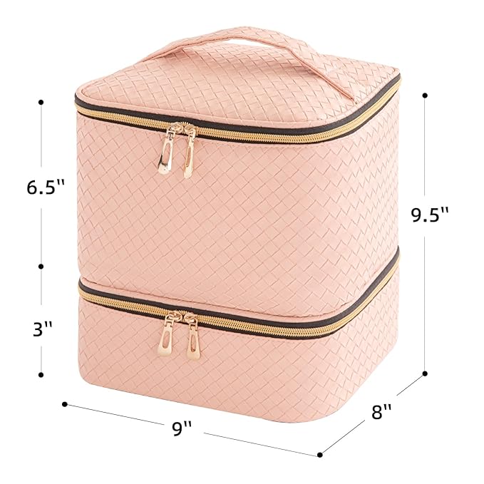 Portable Nail Polish Storage Bag with UV Light Case - Holds 30 Bottles and 1 UV LED Nail Lamp Double-Layers Nail Dryer Case for Gel Nail Polish Kit Nail Art Decorations (Woven Pink)