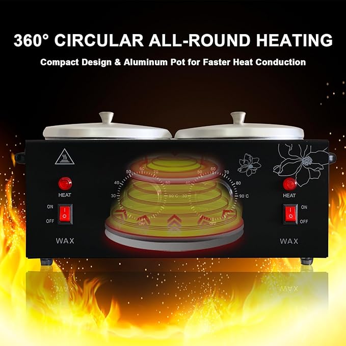 Black Double Pots Wax Warmer Professional Melted Wax Beads for Hair RemovalFast Electric Wax Heater with Adjustable Temperature Set for Women (Black-Double Pots)
