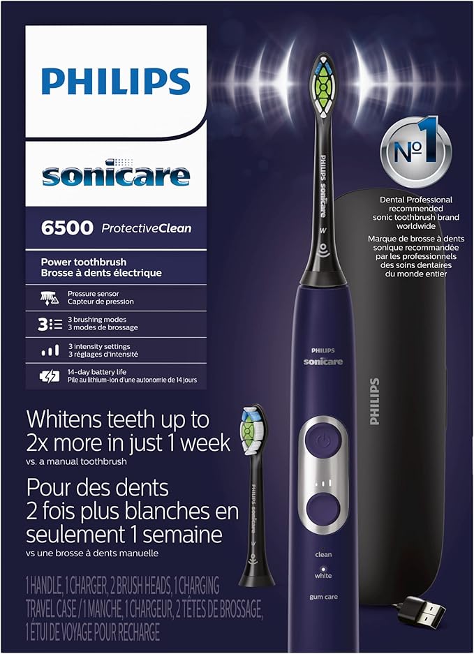 PHILIPS Sonicare Protective Clean 6500 Rechargeable Electric Toothbrush with Charging Travel Case and Extra Brush Head Deep Purple 2 Count