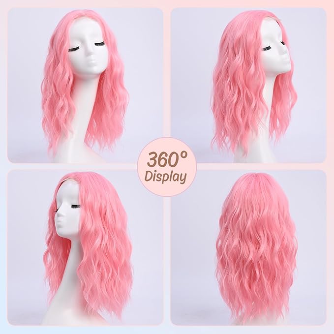 Medium Length Pink Wigs for Women 18 Inch Middle Part Wavy Pink Wig Natural Looking Synthetic Heat Resistant Fiber Wig for Daily Party Use (18 inch)