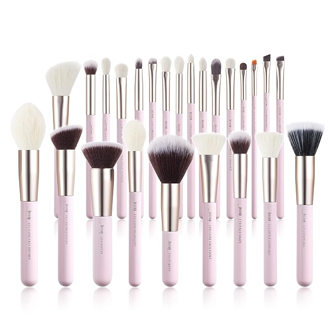 Jessup Makeup Brushes Set Professional 25PCS Pink Premium Natural Powder Foundation Eyeshadow Blending Concealer Blusher Highlight Labeled Brushes T290
