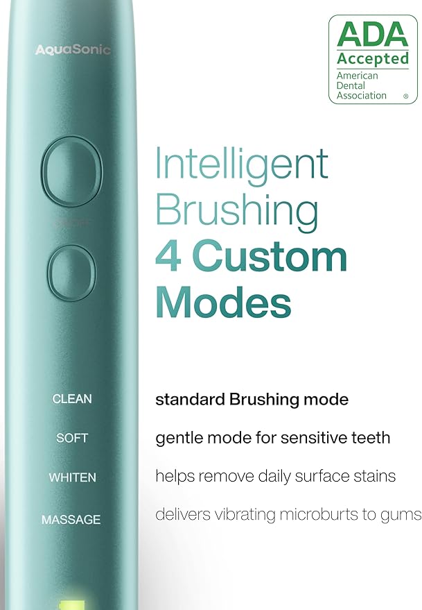 Aquasonic Vibe Series Ultra-Whitening Toothbrush ? ADA Accepted Power Toothbrush - 8 Brush Heads &amp Travel Case ? 40000 VPM Motor &amp Wireless Charging - 4 Modes w Smart Timer ? Mint Green Metal