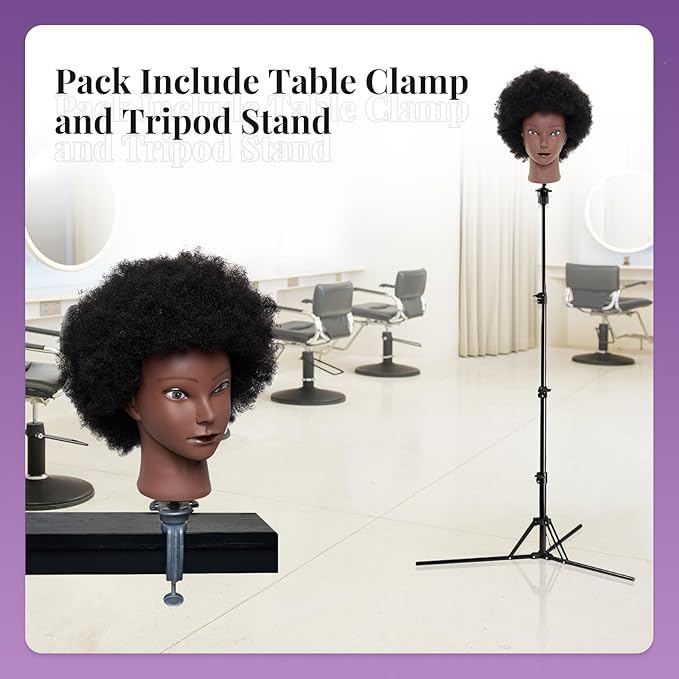 100% African Mannequin Head Human Hair4C Afro Curly Cosmetology Manican Manikin Doll Head with 47??Mannequin Head StandTable CalmpBraiding Set for Display Practice Braiding Styling Training