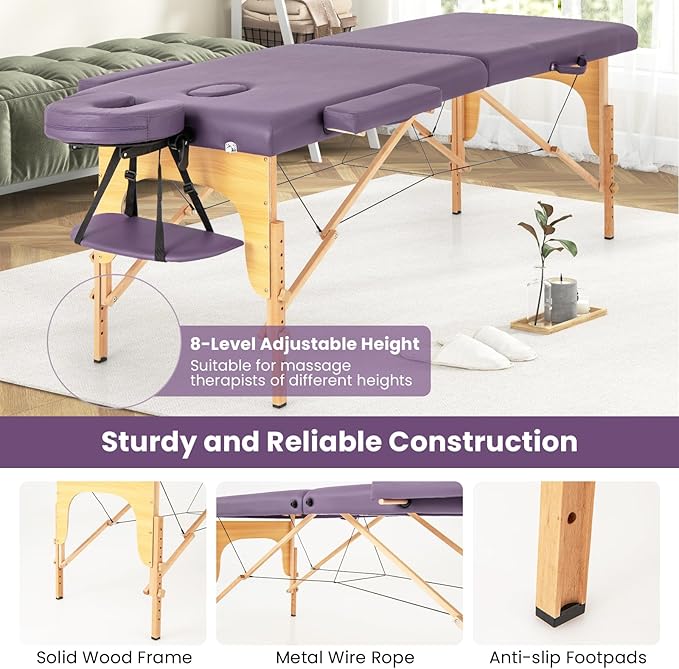 Giantex Massage Table Portable Massage Bed w/Carrying Case 2-Section Salon Spa Facial Care Tattoo Bed Height Adjustable Wood Frame Professional Massage Lash Bed for Eyelash Extension (Purple)