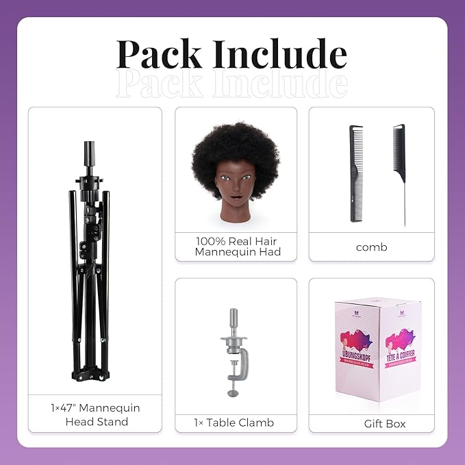 100% African Mannequin Head Human Hair4C Afro Curly Cosmetology Manican Manikin Doll Head with 47??Mannequin Head StandTable CalmpBraiding Set for Display Practice Braiding Styling Training