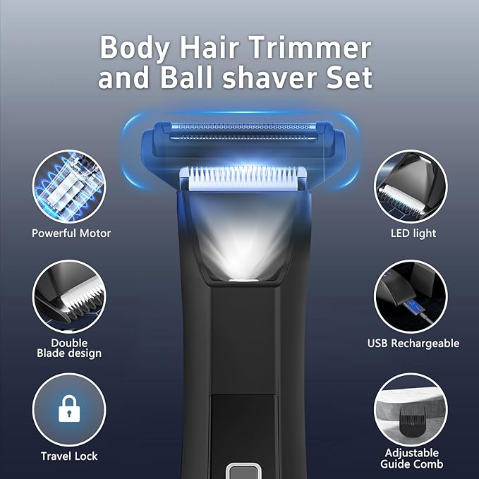 Body Trimmer for Men Groin &amp Body Hair Trimmer Ball Foil Shaver Nose Hair Clippers 3 in 1 Men's Waterproof Wet/Dry Groomer with Travel Case &ampTravel Lock LED Display Black