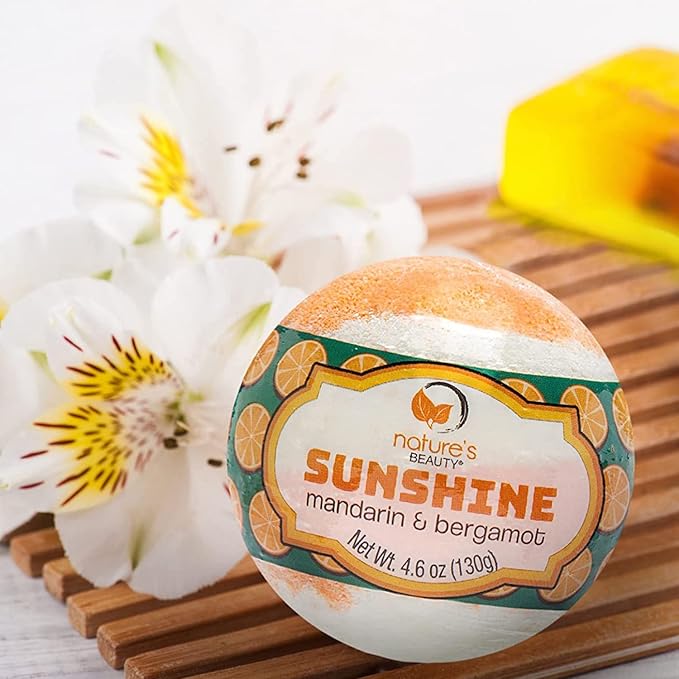 Nature's Beauty Sunshine Mandarin &amp Bergamot Bath Bomb Multi-Pack - Natural Hand Crafted Non-Staining Luxury Fizzy Spa Bomb Nourishe Dry Skin Made w/Coconut Oil + VIT. E 4.6oz (4 Pack)