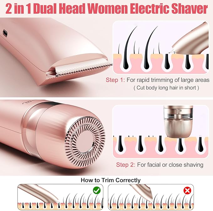 Bikini Trimmer for Women 2 in 1 Dual Head Womens Electric Shaver Electric Razors for Pubic Hair IPX7 Waterproof Rechargeable Facial Hair Removal for Shaving Underarm Leg Arm Body Face Rose Gold