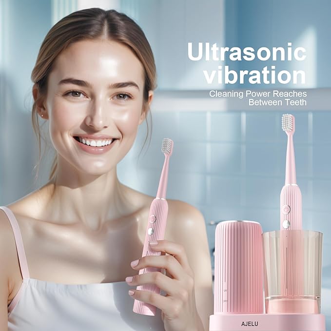 Electric Toothbrush Set for Women with UV Light Drying Holder 8 Brush Heads Smart Timer USB Rechargeable ? Soft Pink Edition