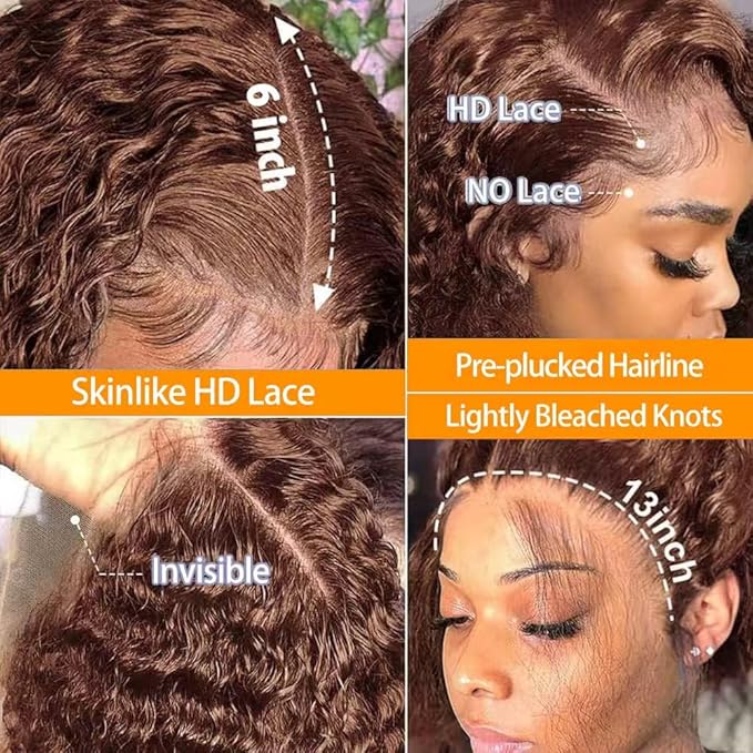 30 Inch Lace Front Wig Human Hair 250% Density SKINLIKE Real HD Lace Wig 13x6 Full Frontal 0.10mm Ultra-thin Pre-Plucked Bleached Knots Invisible Lace Chocolate Brown Deep Wave Human Hair Wigs