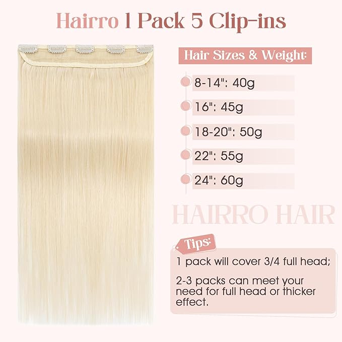 Hairro Clip in Hair Extensions 100% Human Hair #60 Plainum Blonde Thin Clip in Human Hairpieces 20 Inch Long Straight Standard Weft One Piece 5 Clips 50g for Women