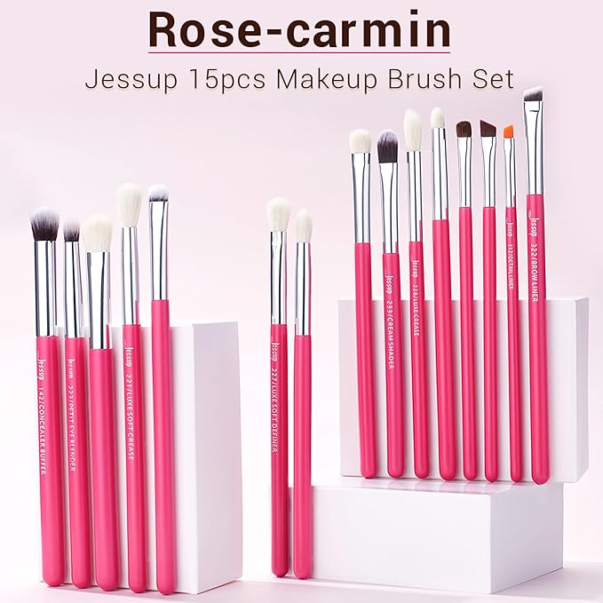 Jessup Professional Natural-Synthetic Eye Makeup Brushes Set 15pcs for Eyeshadow Blending Concealer Eyeliner Eyebrow Rose Carmine/Silver T197