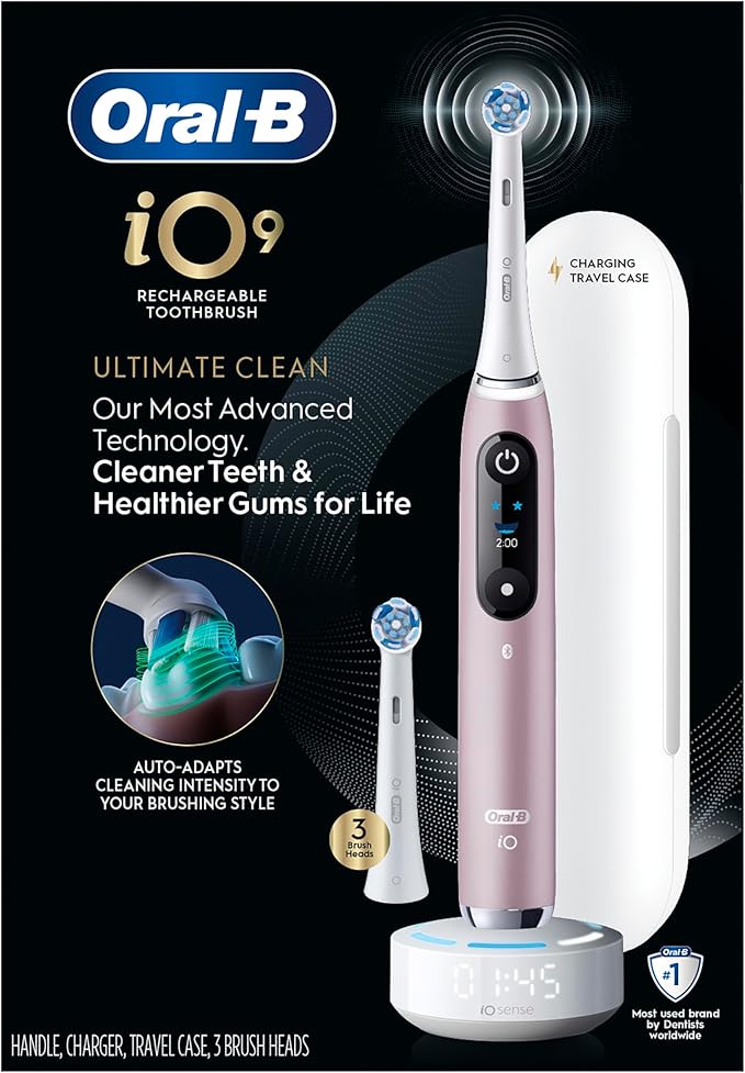 Oral-B iO Series 9 Limited Rechargeable Rose Quartz Electric Toothbrush with (2) Ultimate Clean and (1) Gentle Care Replacement Brush Heads White Travel Case-White and Charger