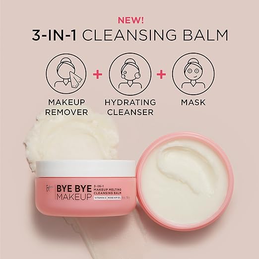 IT Cosmetics Bye Bye Makeup Cleansing Balm - 3-in-1 Makeup Remover Facial Cleanser &amp Hydrating Facial Mask - With Vitamin C Ceramides Shea Butter &amp Rosehip Oil - 4 oz