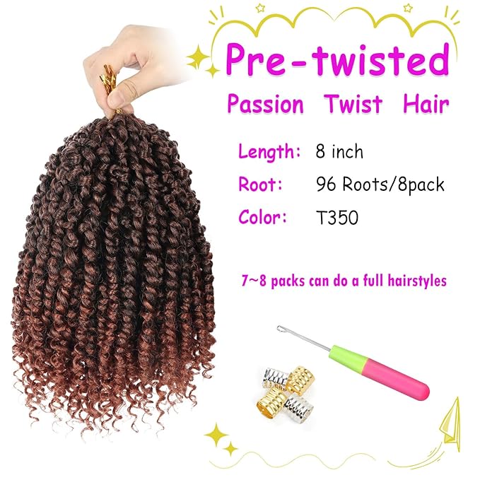 BILEAF 8 Inch Passion Twist Hair 8 Packs Pre-twisted Passion Twist Crochet Hair Pre-looped Crochet Passion Twist Braiding Hair for Women Girls and Kids Bohemian Passion Twists T350