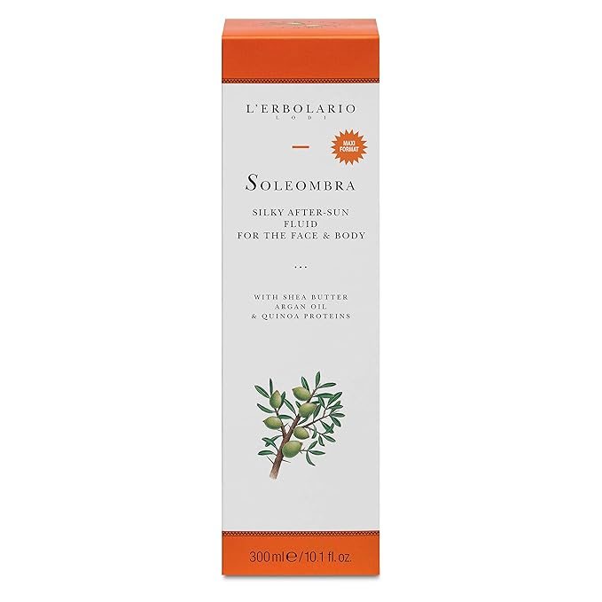 L'Erbolario Soleombra Silky After-Sun Fluid - After Sun Serum - Hydrating Sunburn Relief - Shea Butter Argan Oil and Quinoa Proteins - 10.1 oz