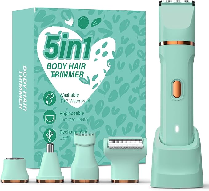 5-in-1 Bikini Trimmer for Women IPX7 Waterproof Electric Razors Shaver Cordless Body Hair Trimmer Facial &amp Pubic Hair Removal Ceramic Blade (Pure Green)