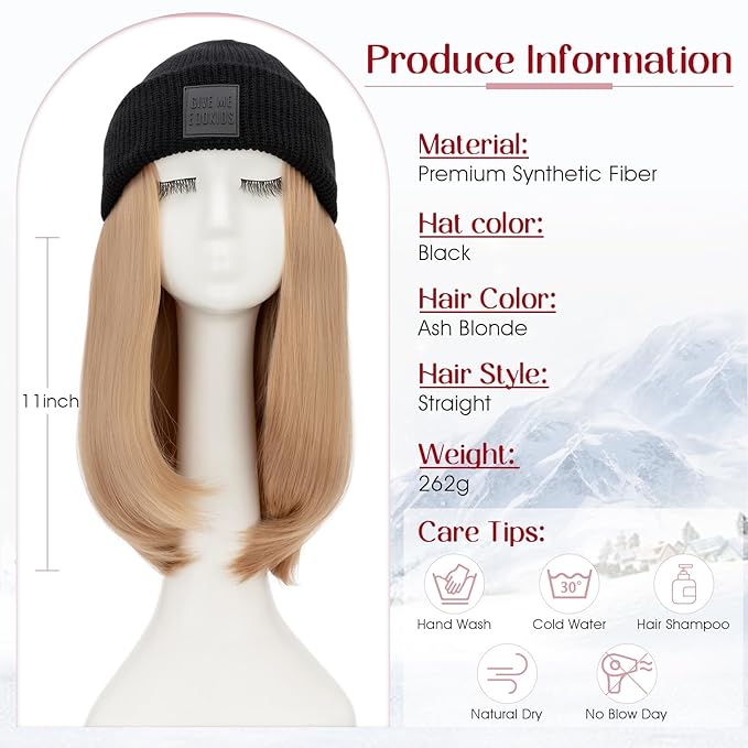 S-noilite Beanie Wig Hair ExtensionsAsh Blonde Short Straight Hair Extensions with Knitted Hat Hairpieces for Women Winter 11 Inch