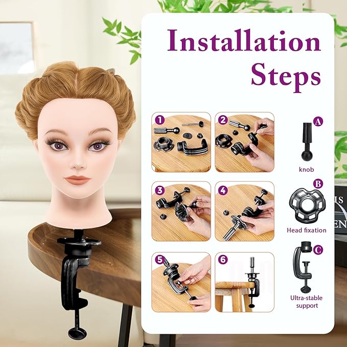 28 Mannequin Head with 80% Human Hair - Cosmetology Makeup Manikin Doll Head for Hair Styling Hairdressing Training Practice Braiding Head with Table Clamp Styling Set Suitable for Hair Extensions