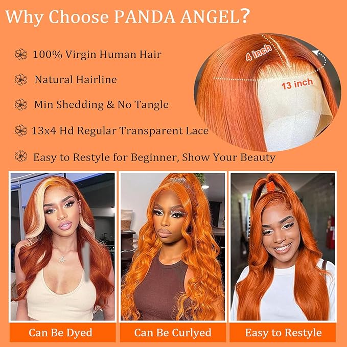 PANDA ANGEL Ginger Orange Lace Front Wigs Human Hair Pre Plucked Gluleless Straight Ginger Wig 350# Colored Orange Lace Frontal Wigs for Women Human Hair 13x4 Hd Transparent Lace Wigs 24 Inch
