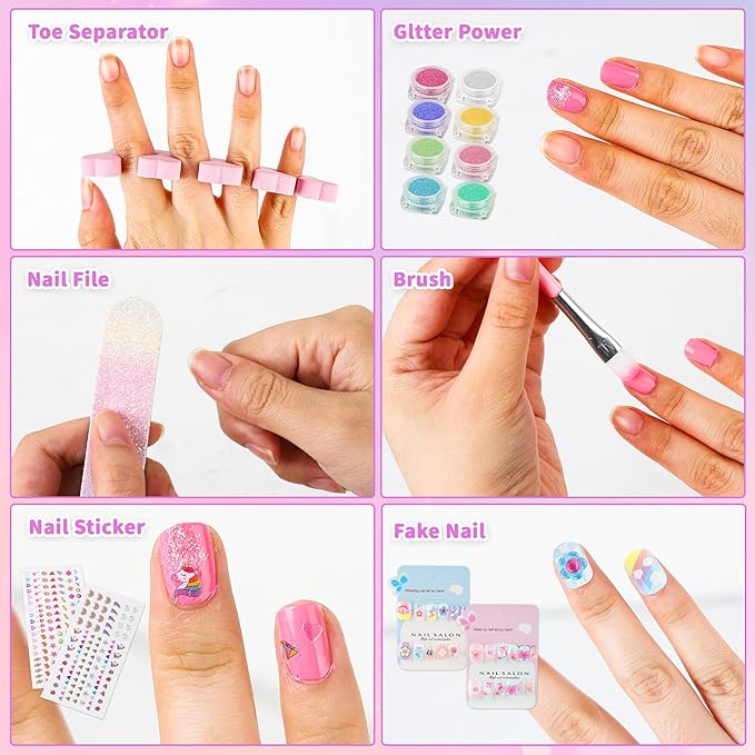 Kids Nail Polish Set for Girls Quick Dry Nail Polish Salon Kit Peelable Nail Polish Ideal Gift Toys for Toddlers Children Princess Christmas Birthday Gifts Toy Age 3-12