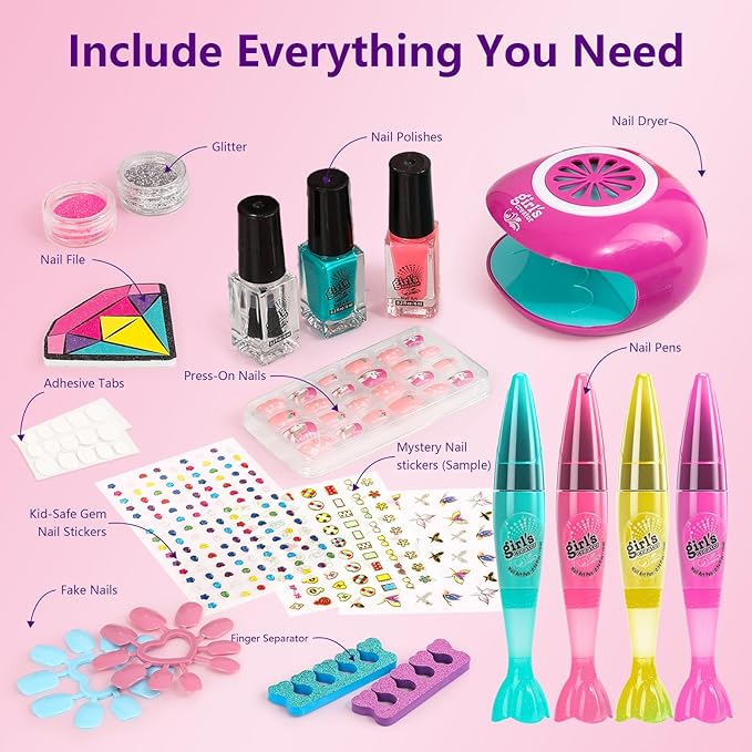 Kids Nail Polish Set with 4 nail art pens- Girl Gift - Nail Kit for Kids Ages 8-12 Kids Nail Polish Kit with Nail Dryer Girl stuff for Spa Makeup Manicures Birthday Gifts for Girls Toy 6 7 8-12