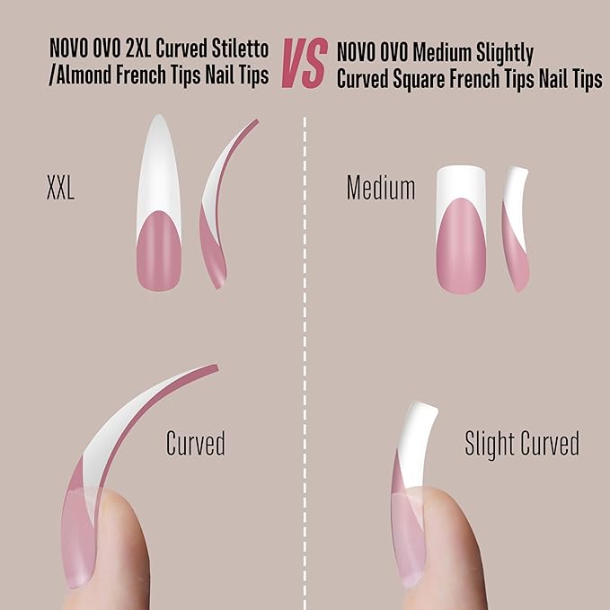 NOVO OVO Halloween XXL Curved Stiletto Almond French Tip Nail Tips Soft Gel Extra Thick Long Acrylic Hawk Curve Fake Extension Need Builder Gel &amp Top Coat Full Cover Press on DIY 12 Sizes 240 p
