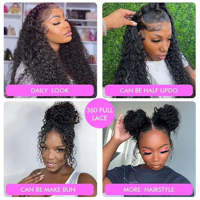 Healthair Hidden Strap 360 Full Lace Front Wigs Human Hair Invisible Strap Pre Plucked Bleached Konts Pre Cut Lace Deep Wave HD Lace Frontal Wig with Drawstring 360 Glueless Wigs(26inch)