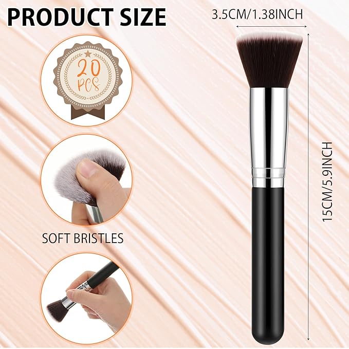 Baderke 20 Pcs Flat Top Foundation Brush Kabuki Cosmetics Synthetic Dense Face Blush Makeup Brush for Liquid Cream Powder Blending Buffing Stippling Face Makeup Tools
