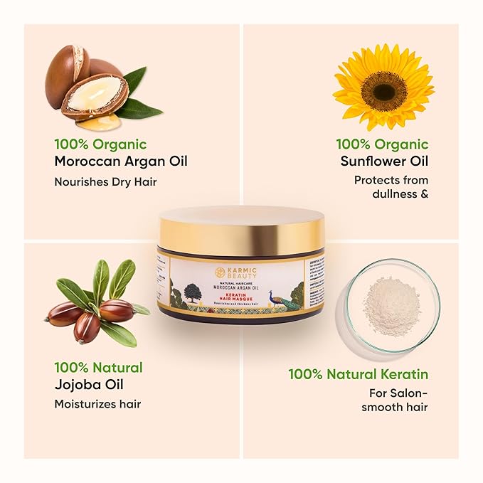 100% Organic Moroccan Argan Oil &amp Natural Keratin Masque | For Dry Damaged &amp Color Treated Hair | Cold Prerssed Oils for Deep Nourishment | Sulfates Parabens &amp Cruelty Free | 7 oz