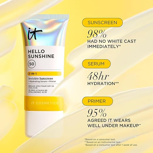 IT Cosmetics Hello Sunshine Invisible Sunscreen for Face SPF 50 - Sunscreen Hydrating Serum &amp Makeup Primer - 1% Pro-Vitamin B5 &amp Hyaluronic Acid - HSA/FSA Eligible - No White Cast