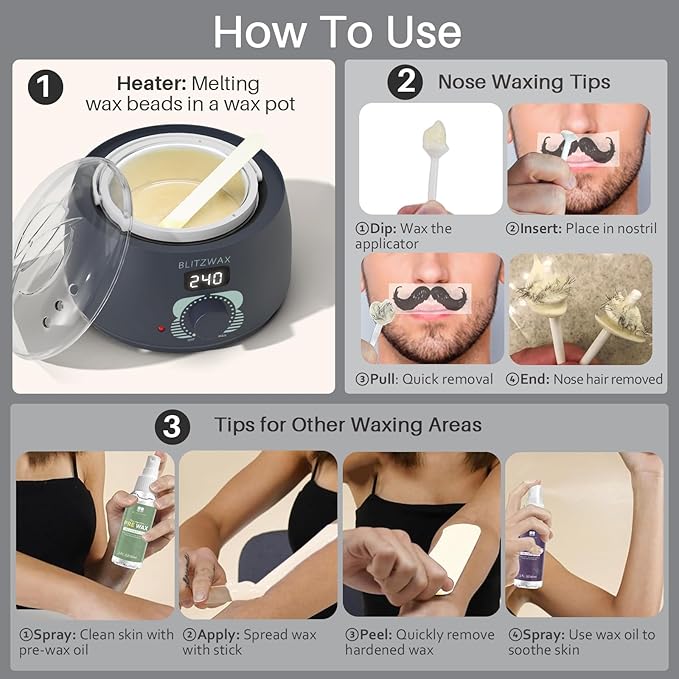 BLITZWAX Back and Nose Waxing Kit for Men Hard Wax Warmer for Brazilian Body and Face At Home Hair Removal Kit Beginner Friendly Quick Heating 93 Accessories Charcoal Grey