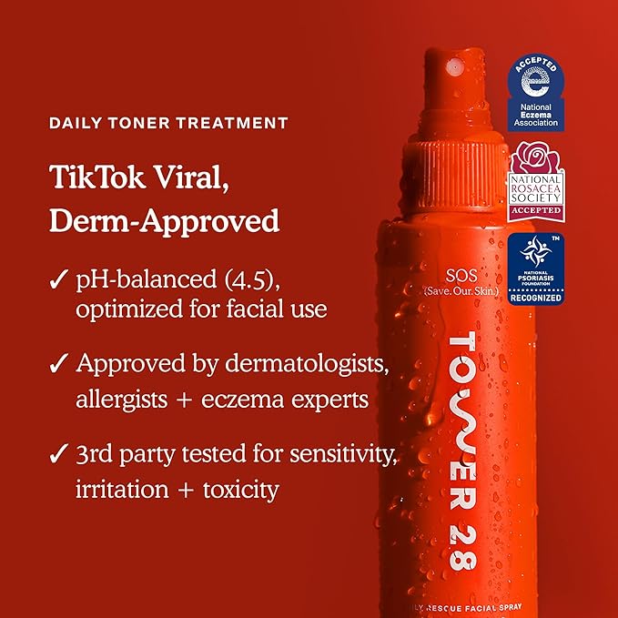 Tower 28 SOS Daily Rescue Facial Spray for Sensitive Skin Hypochlorous Acid Spray Helps Reduce Redness and Breakouts Full Size Toner for Face 4 FL Oz