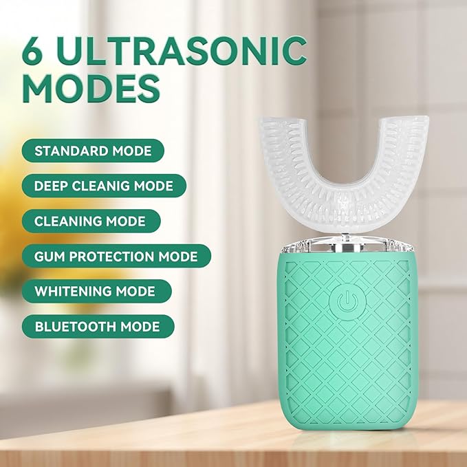 Adult Sonic Automatic Electric Toothbrush 360° Oral Cleaning Stain Whitening IPX7 Waterproof Rechargeable u-Shape Brush Head*3+Straight Handle Brush Head*2 (Green-Cup)