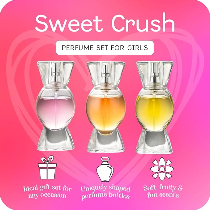 Sweet Crush Girls Perfume Gift Set ? 3 Candy-Shaped Body Spray Perfumes | Fruity Scents for Tween &amp Teen Girls (Ages 10?14) | Gift-Ready Fashion Collection for Kids &amp Teens