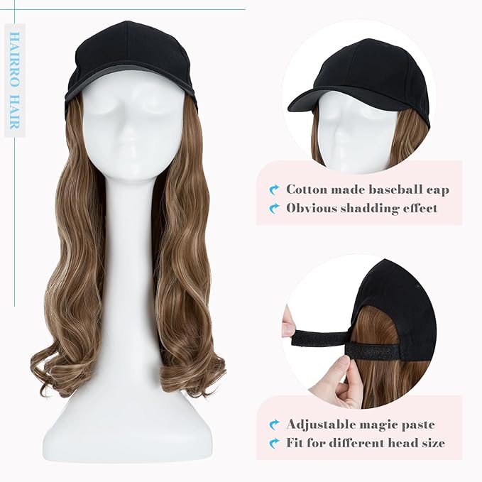 Hairro Baseball Hat with Hair Attached for Women Synthetic Adjustable Cap Wig 290g #12P24 Light Brown Mix ash Blonde