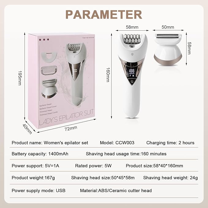 Electric Lady's Epilator2in1 for FaceChinArmLegArmpitBikini TrimmerShave&amp EpilateWide Head for Fast EpilationWet &amp Dry Lady Shaver2 Speeds