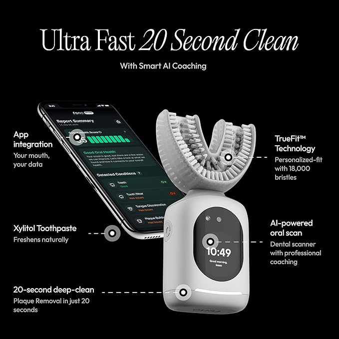 Feno Smartbrush Elite Oral Health ? AI-Powered Electric Toothbrush with Personalized Mouthpiece 1 Tube Foam Toothpaste Tongue Scraper Salivary Microbiome Test &amp 12-Month Plus Membership