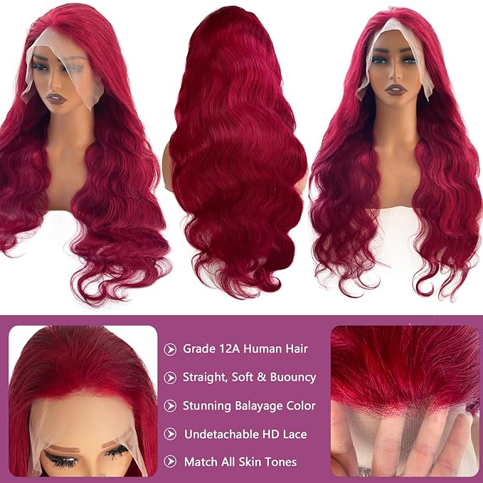 99j Burgundy Lace Front Wigs Human Hair 30 Inch Body Wave 13x6 Lace Front Wigs Human Hair 99j Red Wine Body Wave Glueless Wig Human Hair Pre Plucked Lace Frontal Wig for Black Women 180% Density