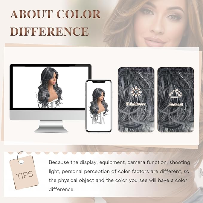 Dark Gray Highlight Wigs for Women Long Layered Wavy Wig with Curtain Bangs Synthetic Wig Black Mixd Dark Grey Highlight Curly Butterfly Shaggy Grey Layered Hair for Women Daily Party Use 24Inch