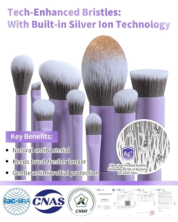 EIGSHOW Makeup Brushes Set 15Pcs Professional Make Up Brush with Silver Ion Bristles for Foundation Powder Blush Highlighter Concealer Eyeshadow Eyeliner Travel Gift Set (Matte Purple)