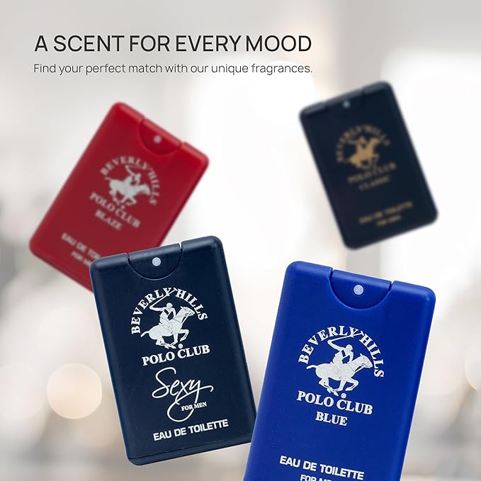 Beverly Hills Polo Club MENS 4PC 20ML POCKET SPRAY - ORIGINAL STRIPED - CONTAINS BLAZE/CLASSIC/BLUE/SEXY